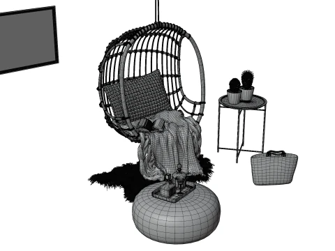 Wicker Hanging Chair Set Cozy Bohemian Reading Nook 3D Model