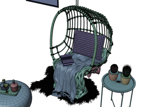 Wicker Hanging Chair Set Cozy Bohemian Reading Nook 3D Model
