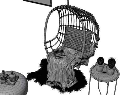 Wicker Hanging Chair Set Cozy Bohemian Reading Nook 3D मॉडल