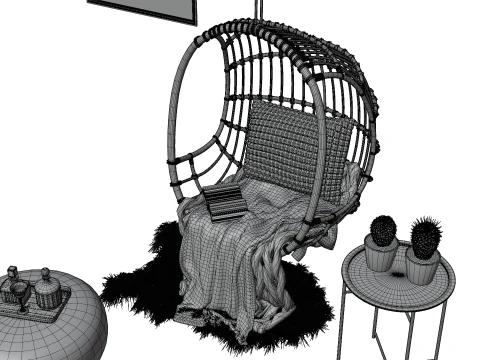 Wicker Hanging Chair Set Cozy Bohemian Reading Nook 3D Model