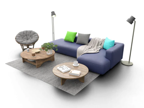 Scandinavian Lounge Living Room Set Papasan Chair Modern Decor 3D Model