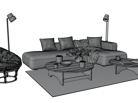 Scandinavian Lounge Living Room Set Papasan Chair Modern Decor 3D Model