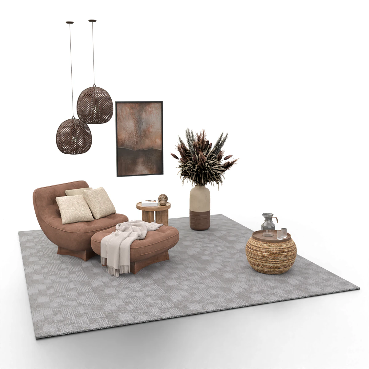 Bohemian Reading Corner Cozy Armchair Natural Decor Set 3D Model .c4d .max .obj .3ds .fbx .stl .blend 