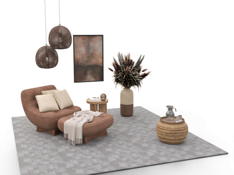 Bohemian Reading Corner Cozy Armchair Natural Decor Set 3D Model