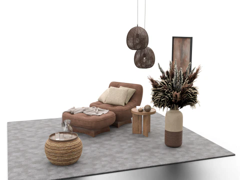 Bohemian Reading Corner Cozy Armchair Natural Decor Set 3D Model