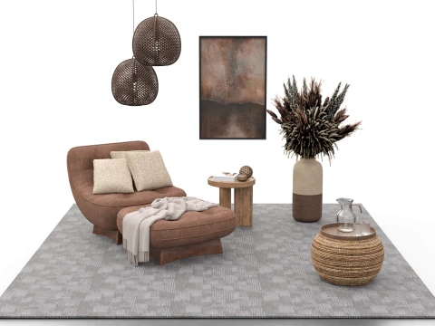 Bohemian Reading Corner Cozy Armchair Natural Decor Set 3D Model