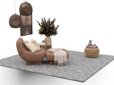 Bohemian Reading Corner Cozy Armchair Natural Decor Set 3D Model