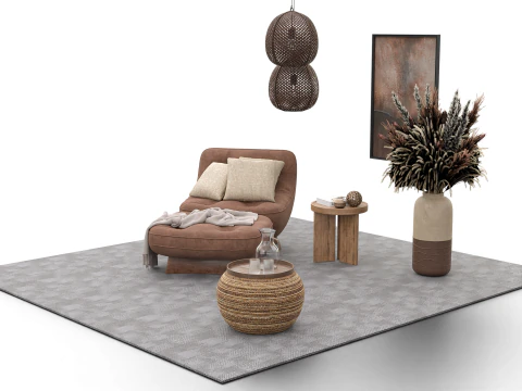 Bohemian Reading Corner Cozy Armchair Natural Decor Set 3D Model