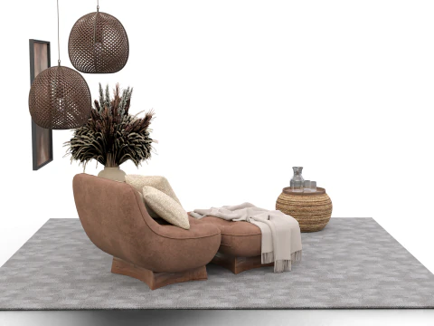 Bohemian Reading Corner Cozy Armchair Natural Decor Set 3D Model