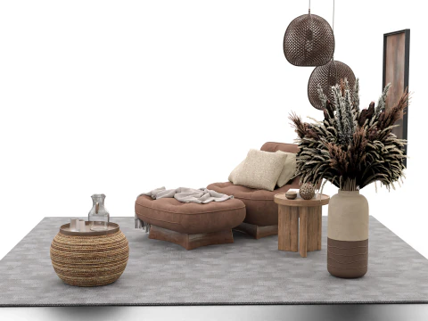 Bohemian Reading Corner Cozy Armchair Natural Decor Set 3D Model