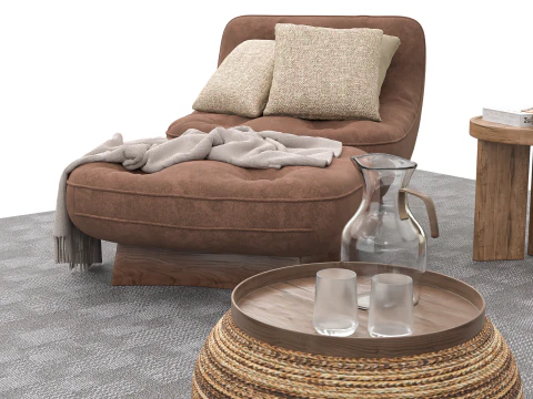 Bohemian Reading Corner Cozy Armchair Natural Decor Set 3D Model