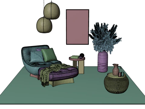 Bohemian Reading Corner Cozy Armchair Natural Decor Set 3D Model