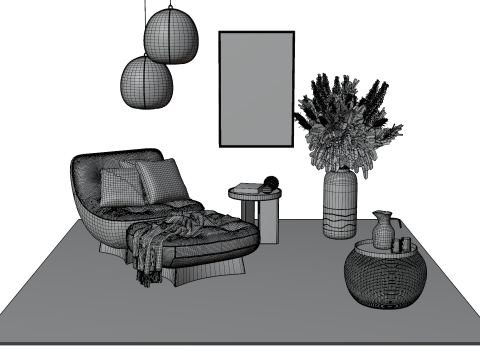 Bohemian Reading Corner Cozy Armchair Natural Decor Set 3D Модель