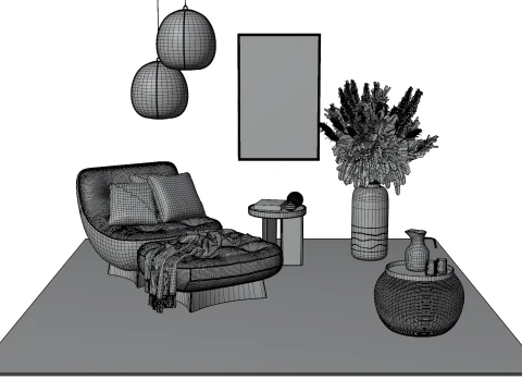 Bohemian Reading Corner Cozy Armchair Natural Decor Set 3D Model