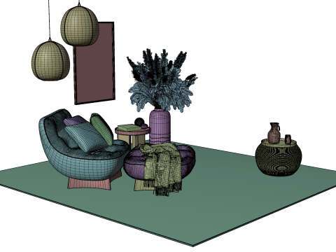 Bohemian Reading Corner Cozy Armchair Natural Decor Set 3D Модель