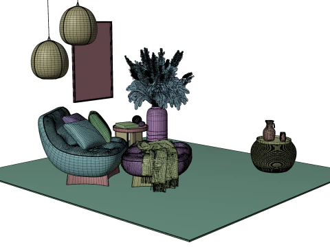 Bohemian Reading Corner Cozy Armchair Natural Decor Set 3D Model