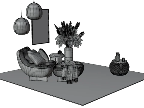 Bohemian Reading Corner Cozy Armchair Natural Decor Set 3D Model