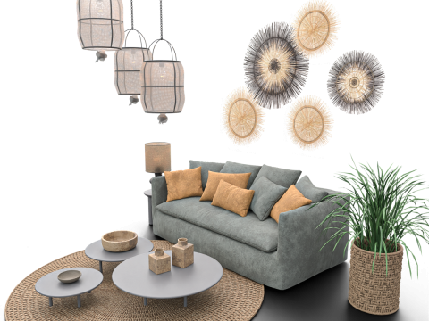 Modern Boho Living Room Scene Game Ready Interior Asset 3D Model