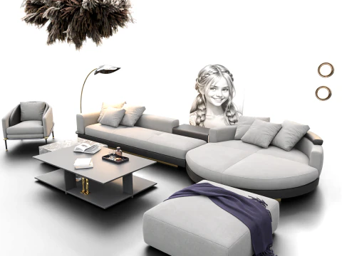 Modern Living Room Interior with Wall Art Neutral Tone Scene 3D Model