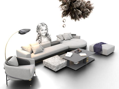 Modern Living Room Interior with Wall Art Neutral Tone Scene 3D Модель