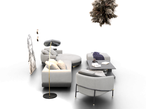 Modern Living Room Interior with Wall Art Neutral Tone Scene 3D Модель