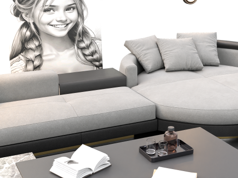 Modern Living Room Interior with Wall Art Neutral Tone Scene 3D Модель