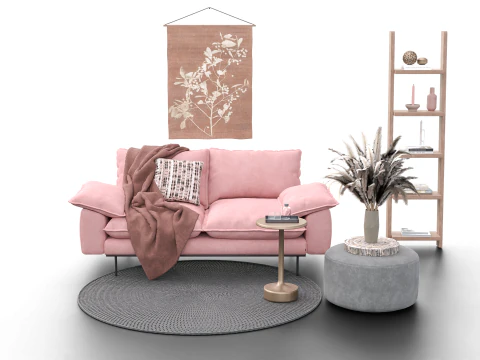 Zartrosa Wohnzimmereinrichtung mit dekorativem Regal 3D Modell