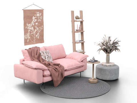 Soft Pink Living Room Interior with Decorative Shelf 3D Модель
