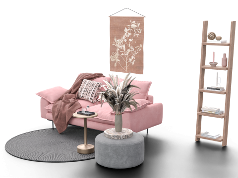 Soft Pink Living Room Interior with Decorative Shelf 3D Модель