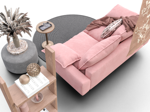 Soft Pink Living Room Interior with Decorative Shelf 3D Модель