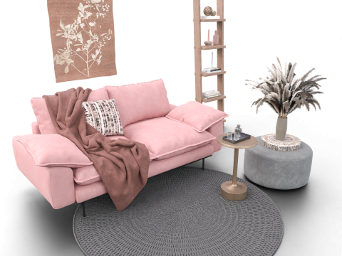 Soft Pink Living Room Interior with Decorative Shelf 3D Модель