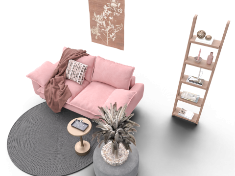Soft Pink Living Room Interior with Decorative Shelf 3D Модель