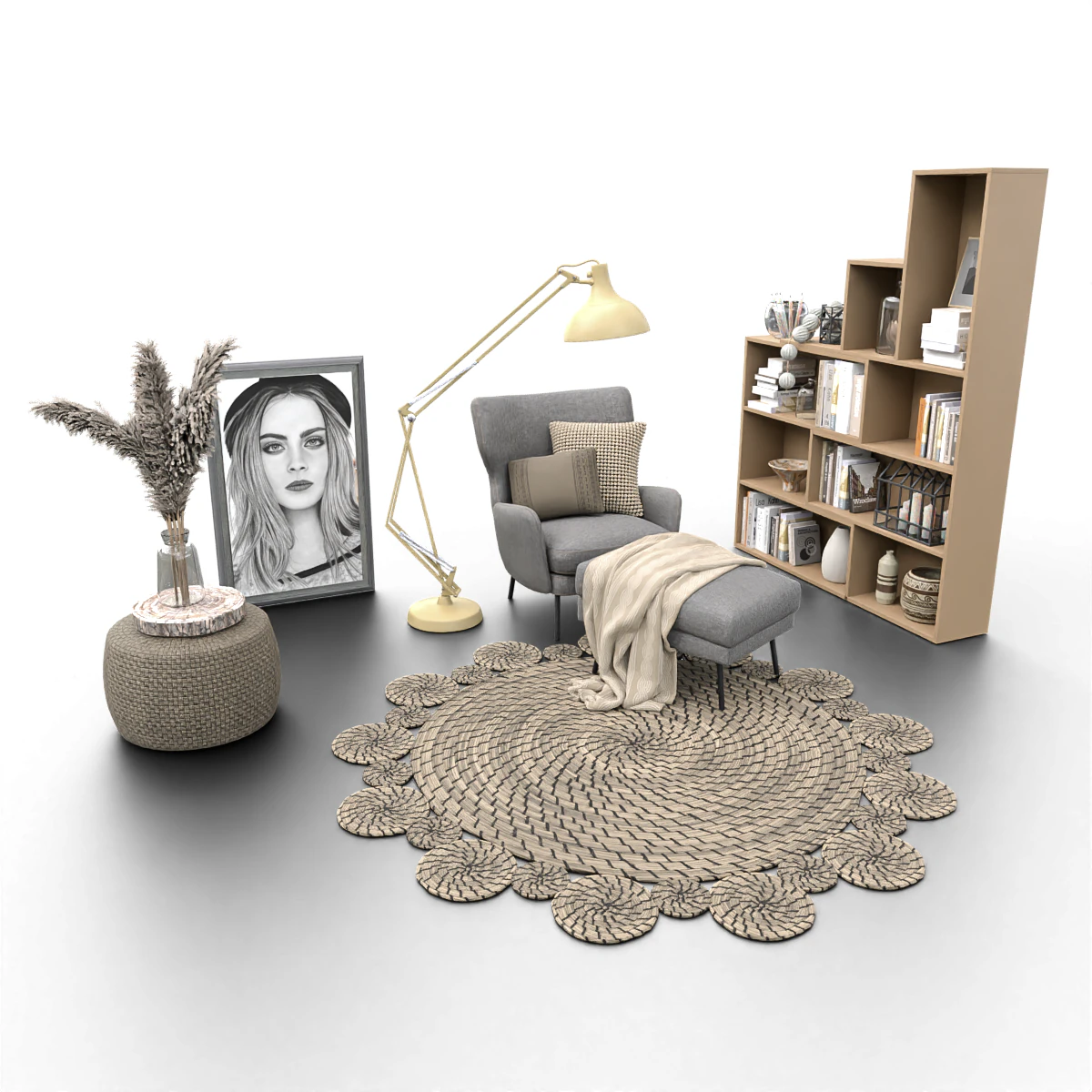 Cozy Reading Nook Scene with Armchair Floor Lamp and Bookshelf 3D Model .c4d .max .obj .3ds .fbx .stl .blend 