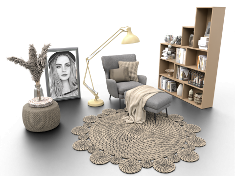 Cozy Reading Nook Scene with Armchair Floor Lamp and Bookshelf 3D Model