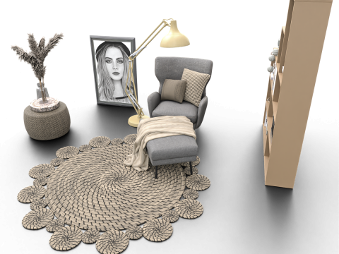 Cozy Reading Nook Scene with Armchair Floor Lamp and Bookshelf 3D 모델