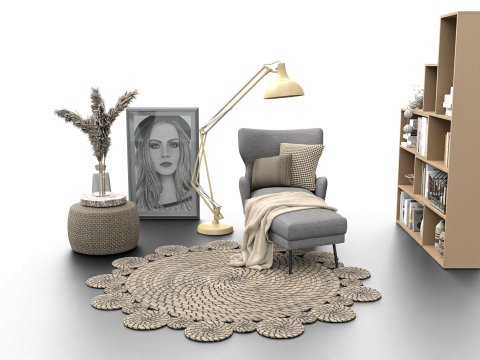 Cozy Reading Nook Scene with Armchair Floor Lamp and Bookshelf 3D 모델