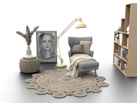 Cozy Reading Nook Scene with Armchair Floor Lamp and Bookshelf 3D Model