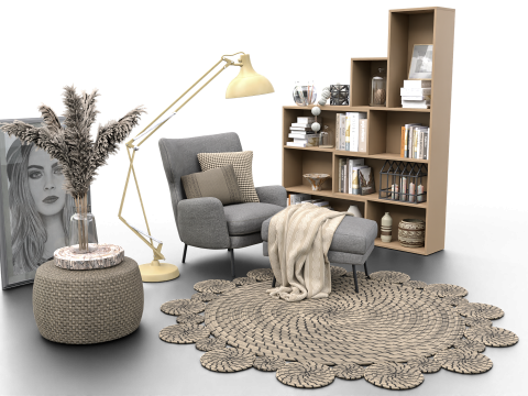 Cozy Reading Nook Scene with Armchair Floor Lamp and Bookshelf 3D 모델