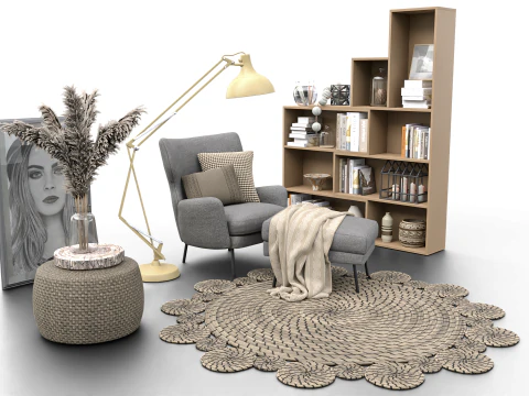 Cozy Reading Nook Scene with Armchair Floor Lamp and Bookshelf 3D Model