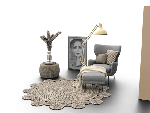 Cozy Reading Nook Scene with Armchair Floor Lamp and Bookshelf 3D Model