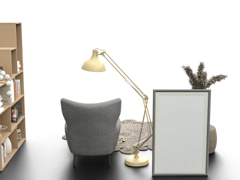 Cozy Reading Nook Scene with Armchair Floor Lamp and Bookshelf 3D Model