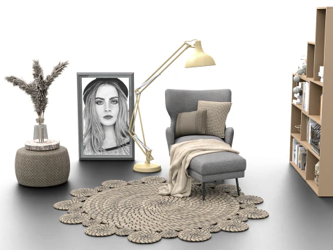 Cozy Reading Nook Scene with Armchair Floor Lamp and Bookshelf 3D Model