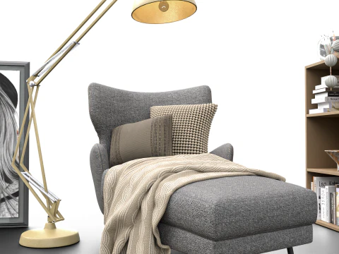 Cozy Reading Nook Scene with Armchair Floor Lamp and Bookshelf 3D Model