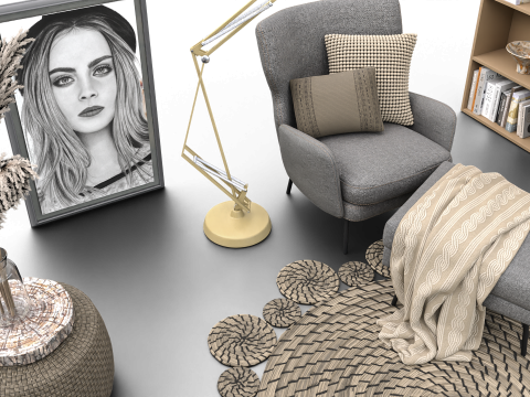 Cozy Reading Nook Scene with Armchair Floor Lamp and Bookshelf 3D 모델