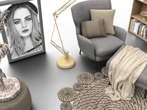 Cozy Reading Nook Scene with Armchair Floor Lamp and Bookshelf 3D Model