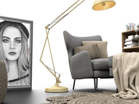 Cozy Reading Nook Scene with Armchair Floor Lamp and Bookshelf 3D Model