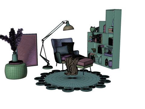 Cozy Reading Nook Scene with Armchair Floor Lamp and Bookshelf 3D 모델