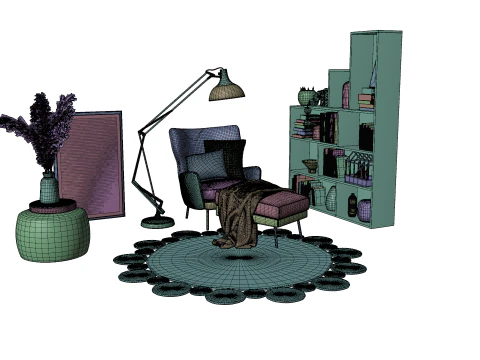 Cozy Reading Nook Scene with Armchair Floor Lamp and Bookshelf 3D Model