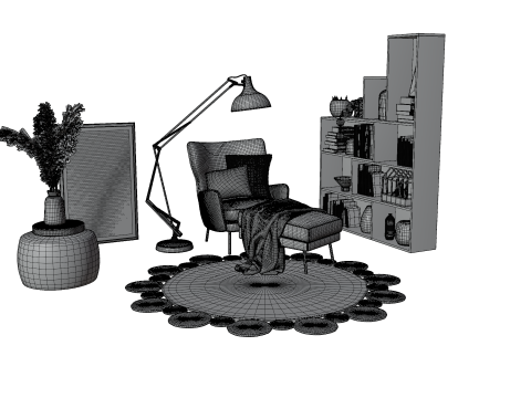 Cozy Reading Nook Scene with Armchair Floor Lamp and Bookshelf 3D 모델