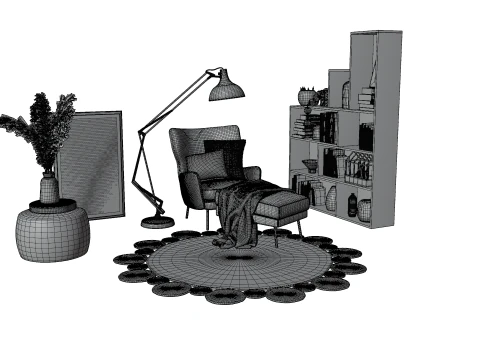 Cozy Reading Nook Scene with Armchair Floor Lamp and Bookshelf 3D Model